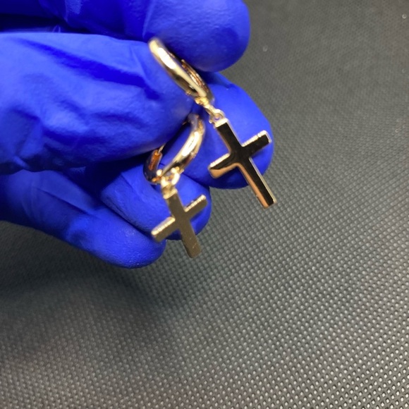 Cross Earrings Gold Huggie Hoop Dangle Drop - Picture 1 of 12